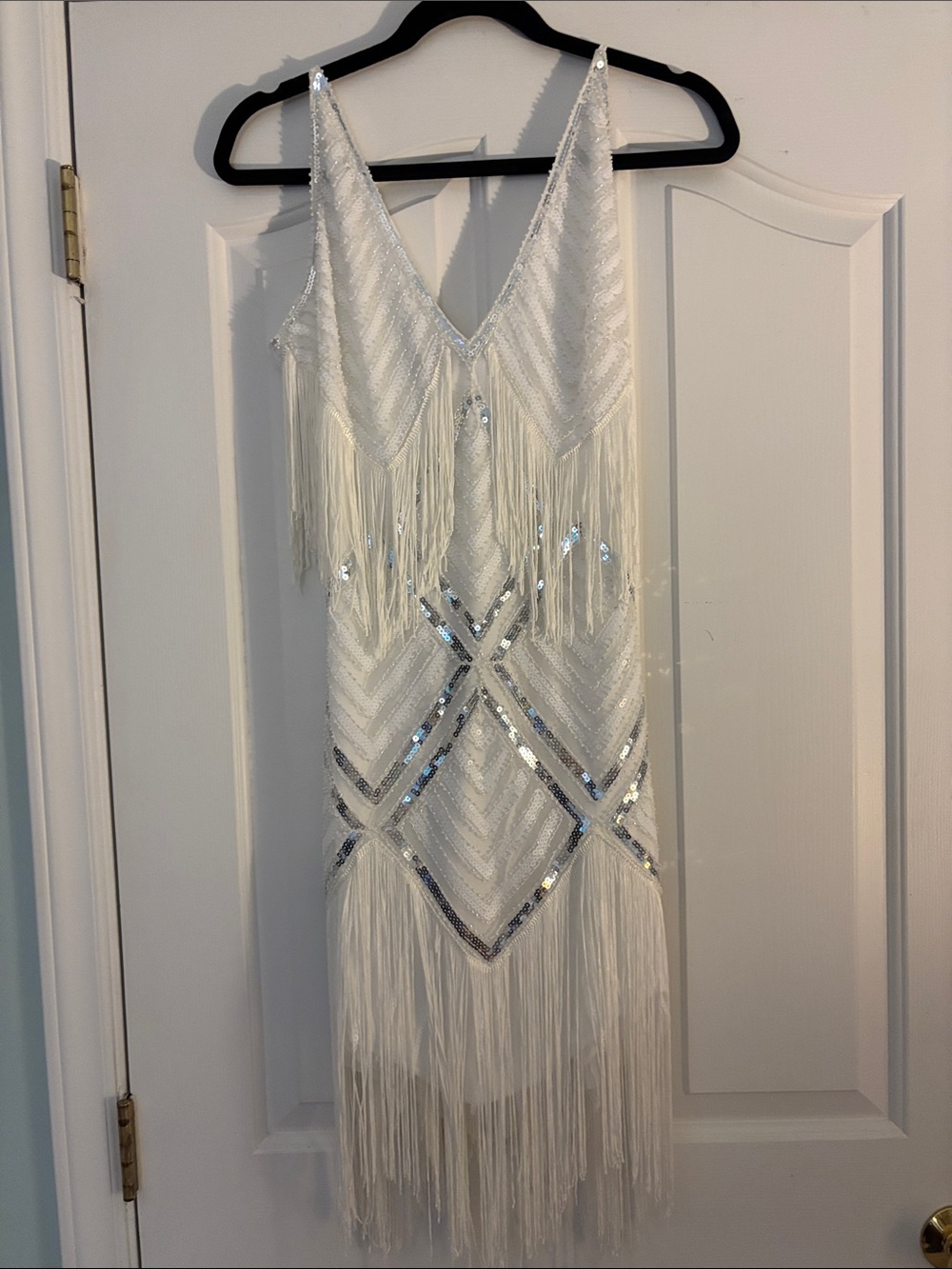White Fringe Sequin V-Neck Dress twenties flapper style small babeyond